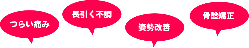 つらい痛み、長引く不調、姿勢改善、骨盤矯正